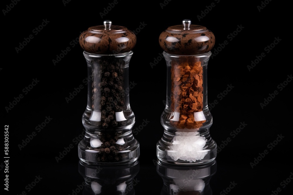  two salt and pepper shakers on a reflective surface with a black back ground and a black background