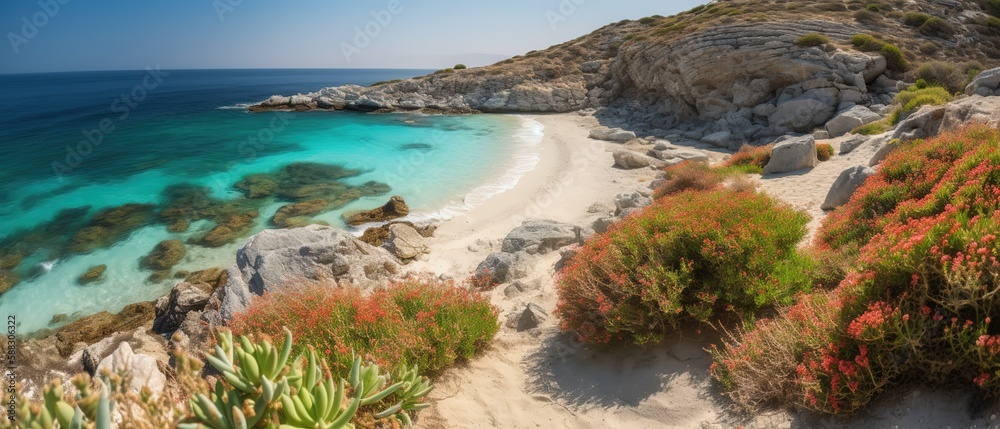 A beautiful picture of a rocky beach with a cliff from above.Aerial view. Panoramic shot. Generative