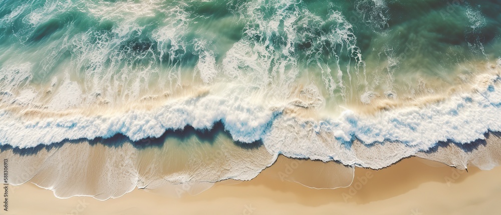 Top view of a beautiful tropical beach with sea waves.Aerial view. Panoramic shot. Generative AI