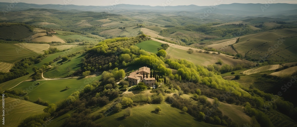 Panoramic view from the height of green fields and meadows in summer.Aerial view. Panoramic shot. Ge