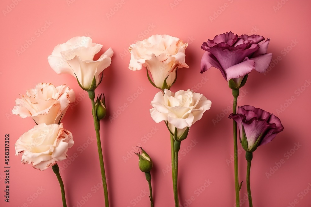  a group of flowers sitting on top of a pink surface next to each other on a pink surface with a gre