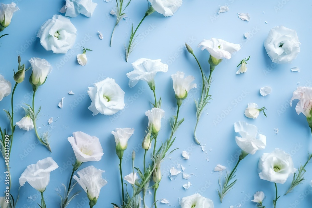  a bunch of white flowers on a blue background with petals scattered around them and scattered aroun