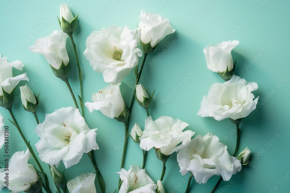  a bunch of white flowers on a blue background with room for text on the bottom of the picture and t