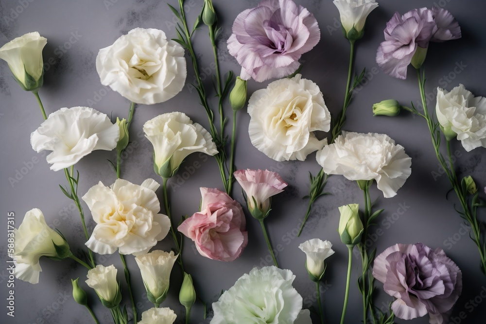  a bunch of flowers that are laying on a counter top with one flower in the middle of the picture an