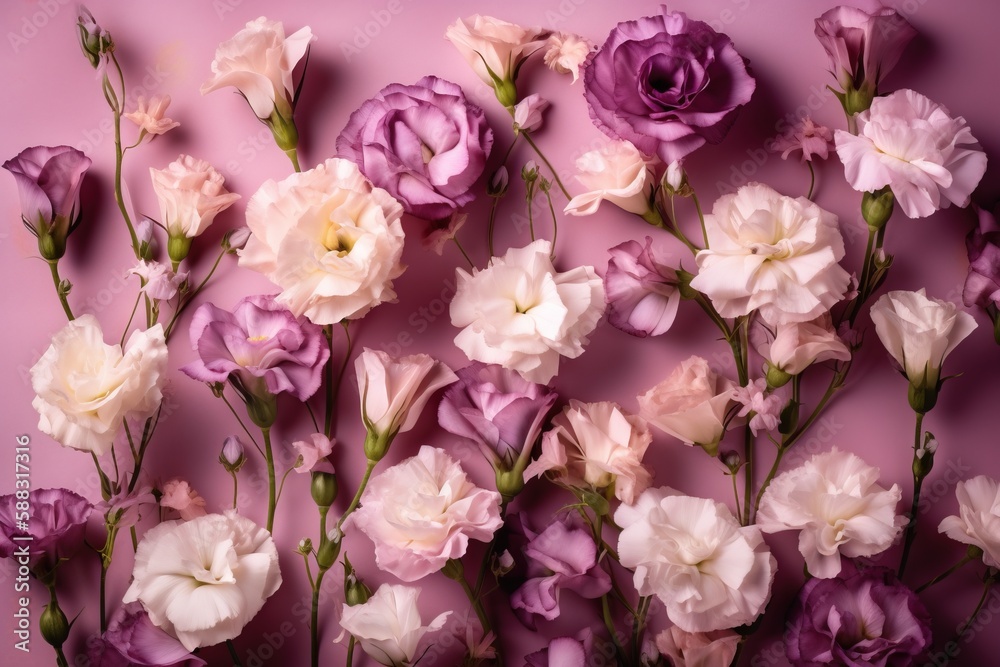  a bunch of pink and white flowers on a pink background with a pink wall in the background and a pin