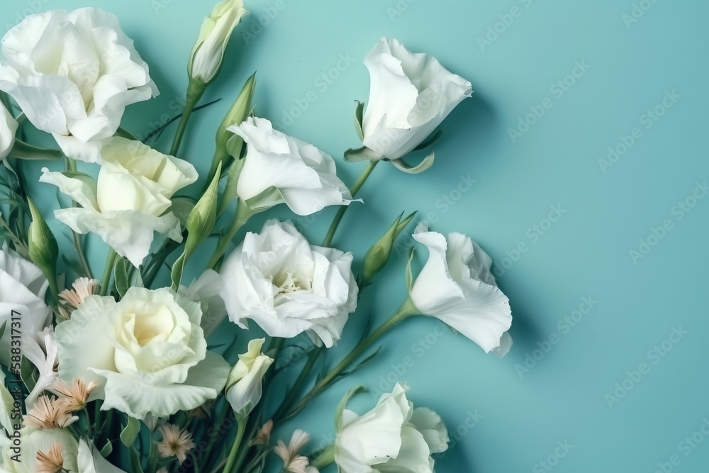  a bouquet of white flowers on a blue background with a place for a text or a picture to put on a ca