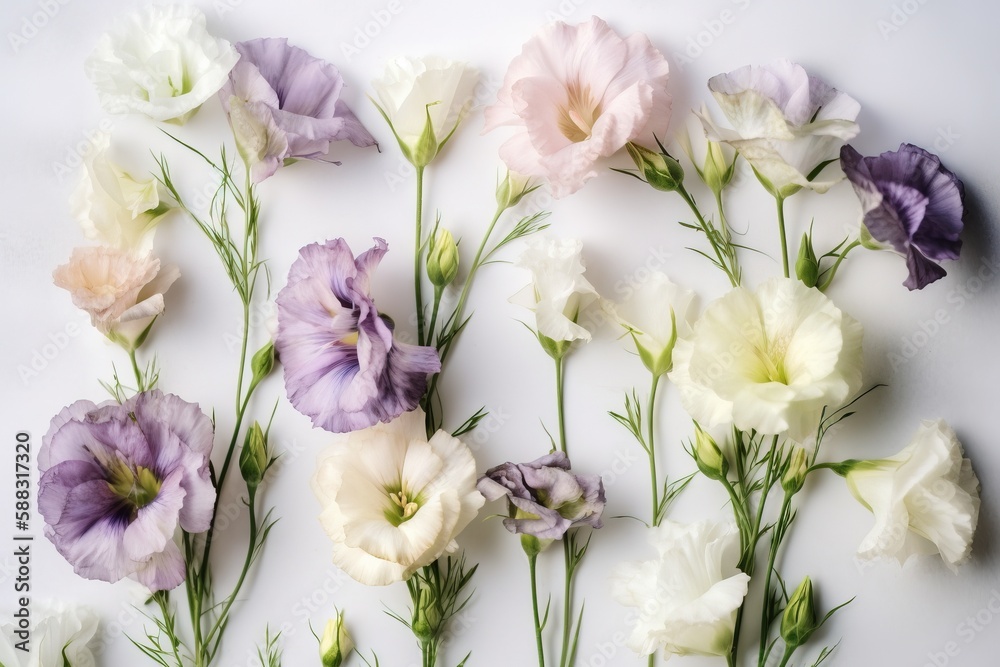  a bunch of flowers that are laying on a table together, some of them are purple and white, some of 