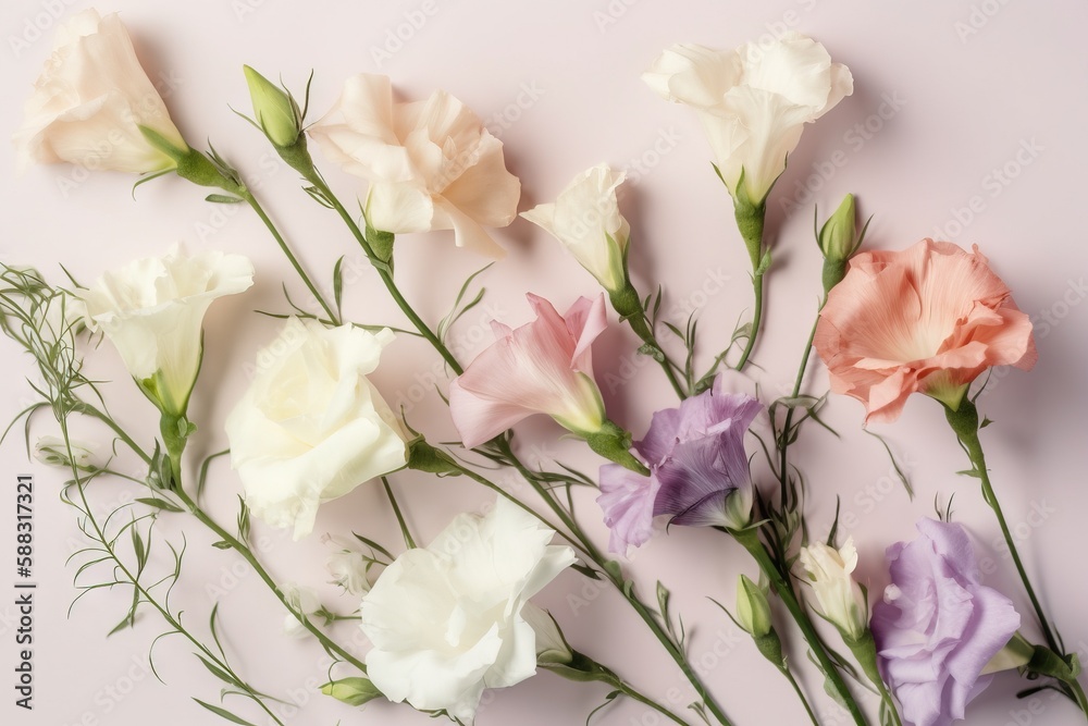  a bunch of flowers that are laying on a table together on a pink surface with green stems and purpl