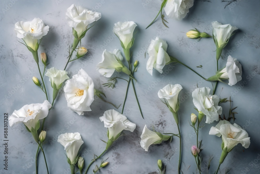  a bunch of white flowers laying on a counter top with green stems and buds on the side of the flowe