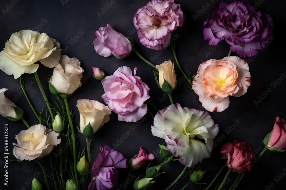  a bunch of flowers that are sitting on a black surface with one flower in the middle of the picture