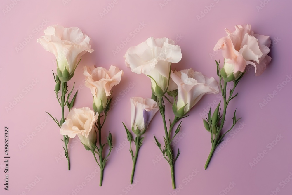  a group of white flowers on a pink background with green stems and stems in the middle of the pictu