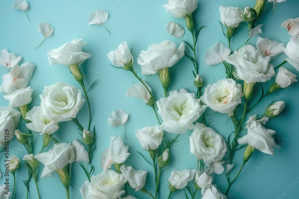  a bunch of white flowers on a blue background with water droplets on the petals and leaves of the f