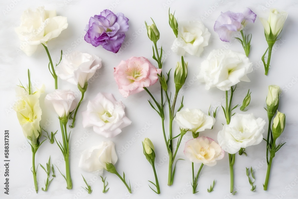  a bunch of flowers that are laying on a white table top with one flower in the middle of the pictur