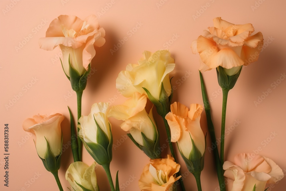  a group of yellow and pink flowers on a pink background with a pink wall in the background and a pi