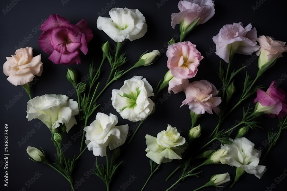  a bunch of flowers that are sitting on a black surface with one flower in the middle of the picture