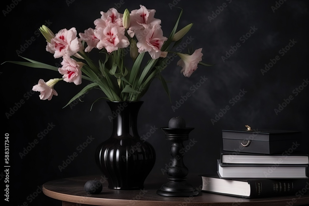  a black vase with pink flowers and a stack of books sitting on a table next to a candle holder and 