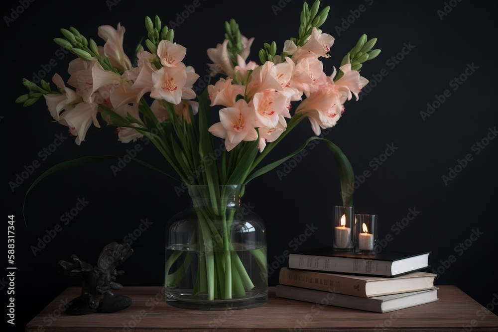  a glass vase filled with pink flowers next to a couple of candles on a table next to a book and a s