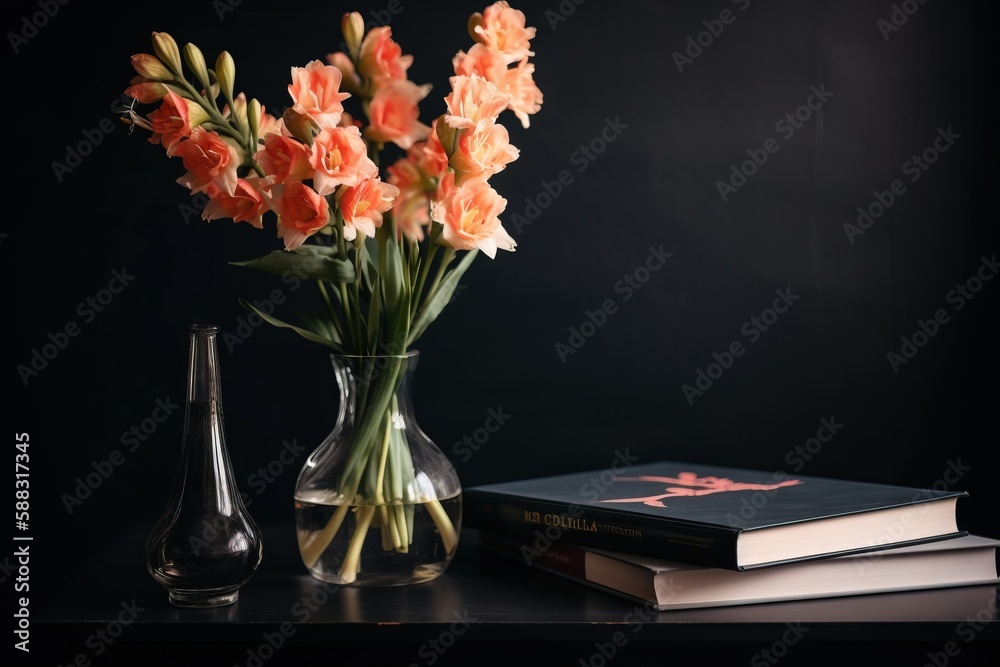  a vase with flowers and a book on a table with a black background and a vase with orange flowers an