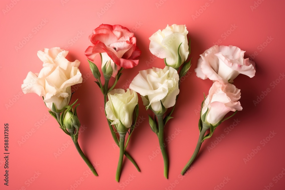  a group of flowers sitting on top of a pink surface next to a pink wall and a pink background with 