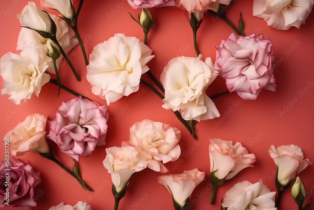  a bunch of pink and white flowers on a red background with a pink background and a red background w