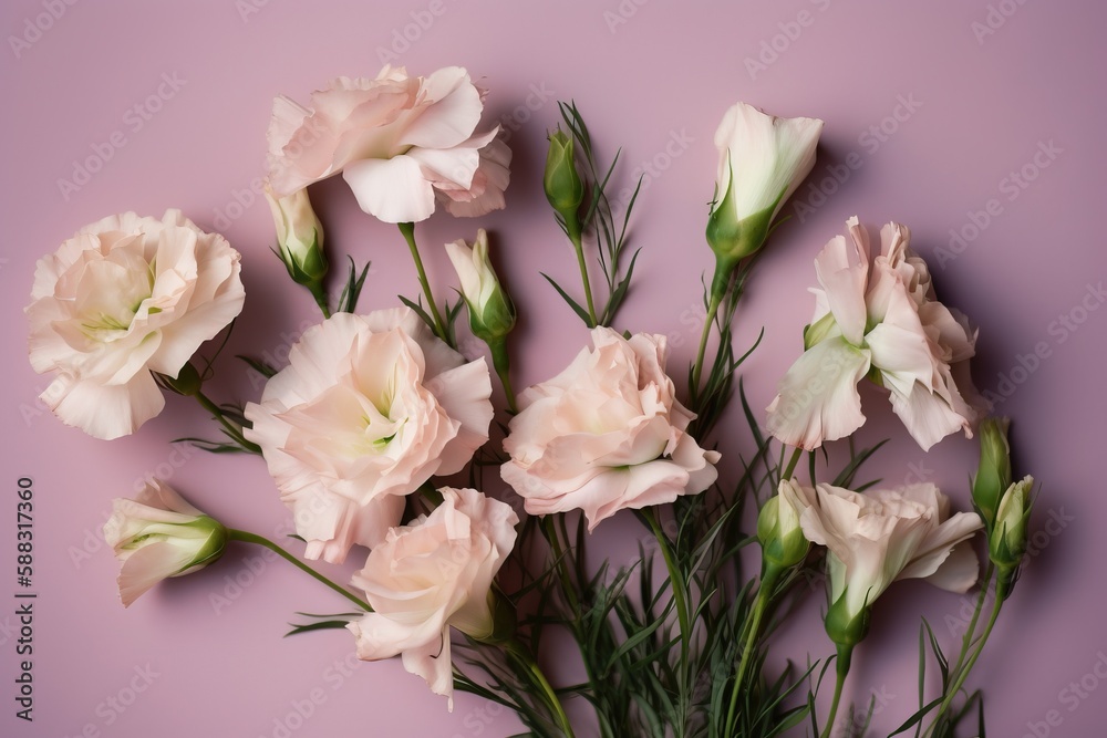  a bunch of pink flowers on a purple background with green stems and leaves in a vase on a table wit