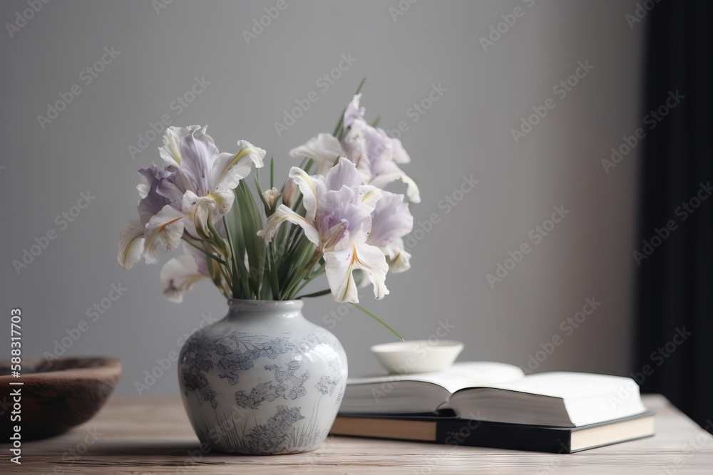  a white vase with flowers in it sitting on a table next to a book and a bowl of fruit on a table ne