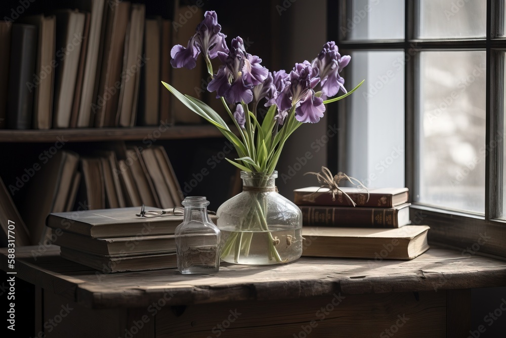  a vase of purple flowers sitting on a table next to a book shelf and a window with a bookcase in th