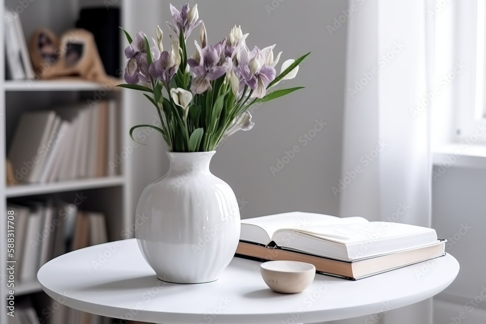  a white vase filled with purple flowers on top of a white table next to a book and a cup of coffee 