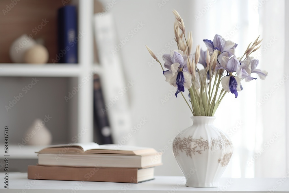  a white vase filled with purple flowers next to an open book on a table next to a book shelf with a