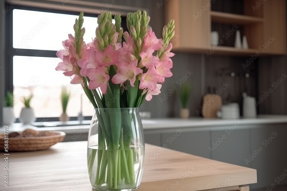  a glass vase filled with pink flowers on top of a wooden counter top next to a kitchen counter top 