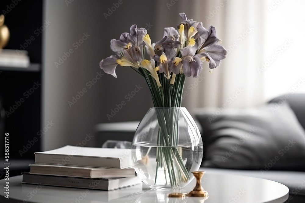  a glass vase filled with purple and yellow flowers on a table next to a book and a candle on a coff