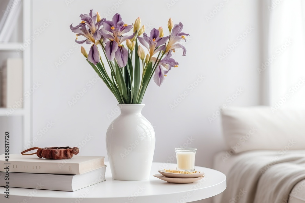  a white vase filled with purple flowers on a table next to a candle and a book on a white tableclot