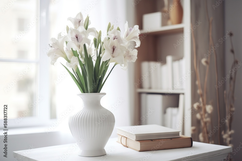  a white vase filled with white flowers on top of a white table next to a book shelf and a window wi