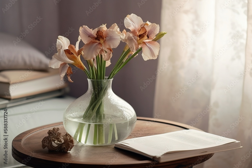  a glass vase with some flowers in it on a table with a book and a pen on it next to a bed with a pi