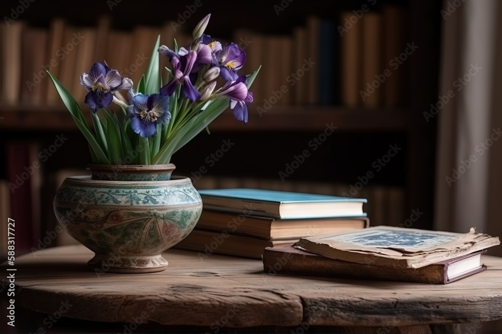  a vase with purple flowers sitting on a table next to a stack of books and a bookcase with books in