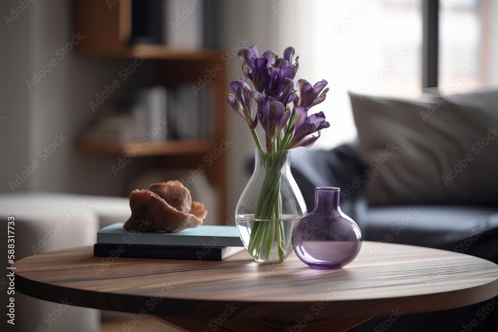  a table with a vase of flowers, a book and a croissant on top of a table with a couch in the backgr