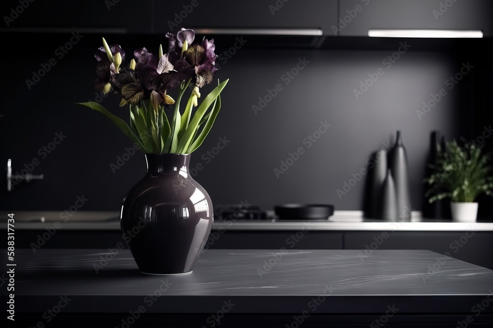  a black vase with purple flowers in it on a countertop in a kitchen with a black wall and a black c