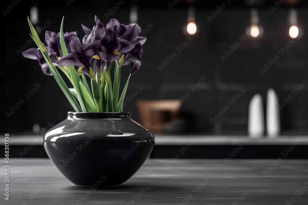  a black vase with purple flowers in it on a countertop in a dark room with lights hanging above the