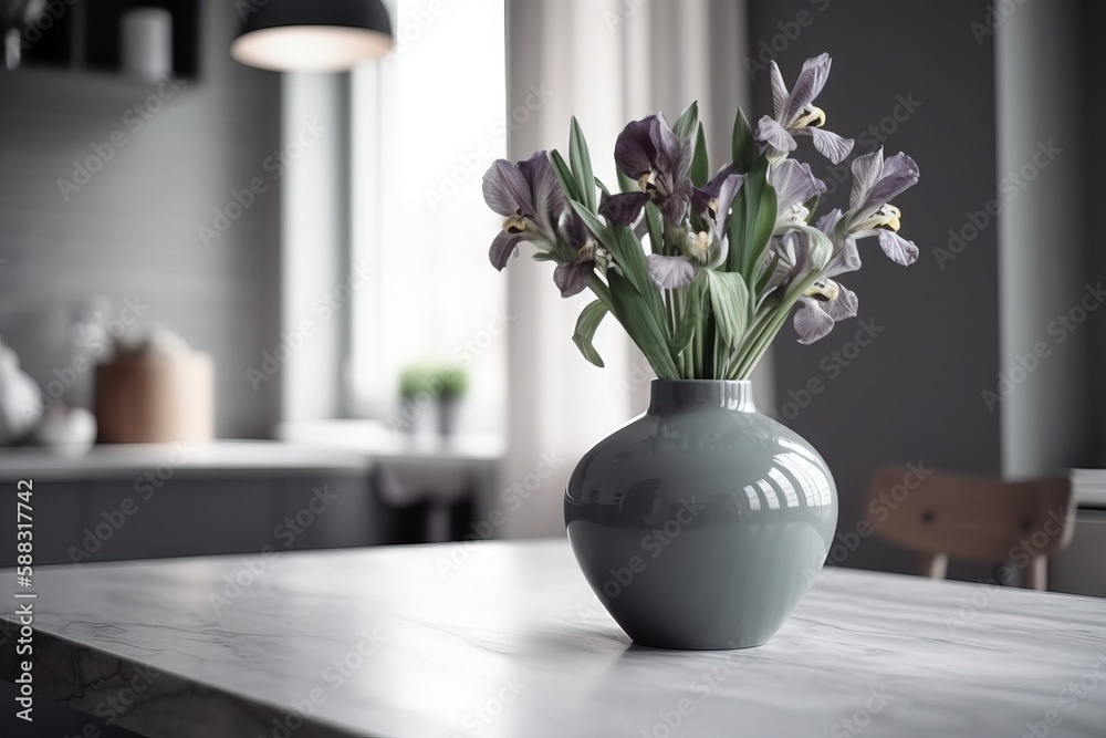  a vase with purple flowers sitting on a table in a room with a large window and a chair in the back