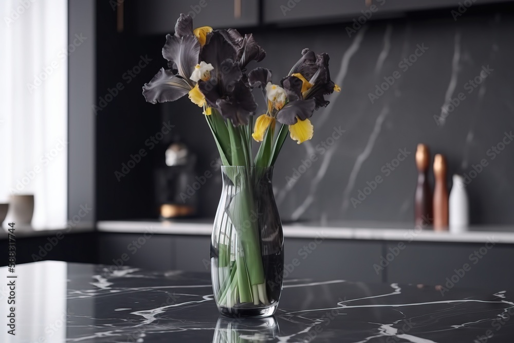  a vase filled with flowers sitting on top of a counter next to a counter top with a marble counter 