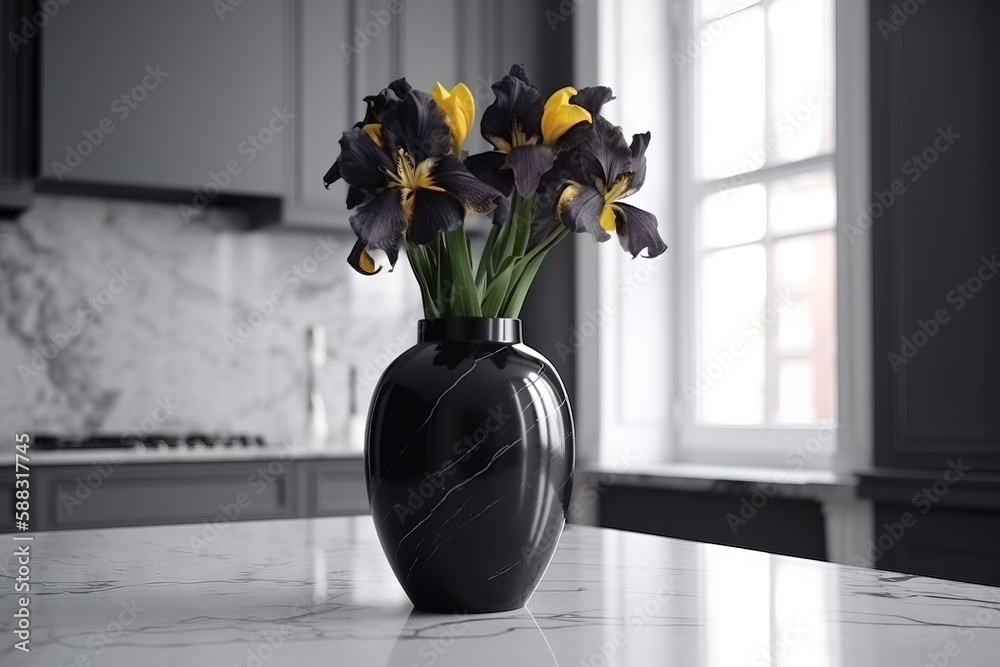  a black vase with yellow and purple flowers in it on a marble countertop in a kitchen with a marble