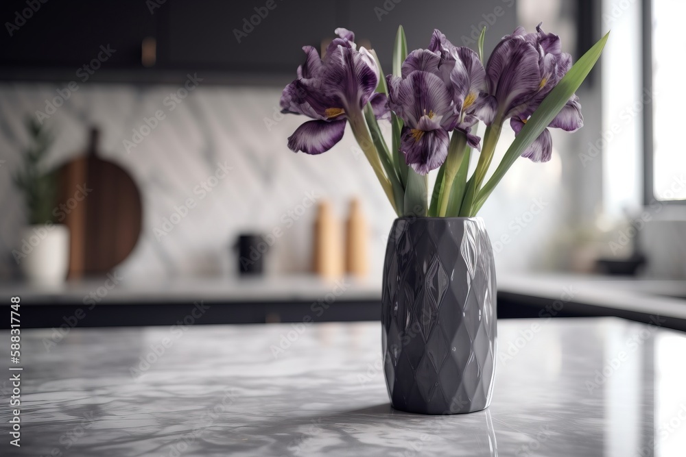  a vase filled with purple flowers on top of a counter top next to a sink and window in a room with 