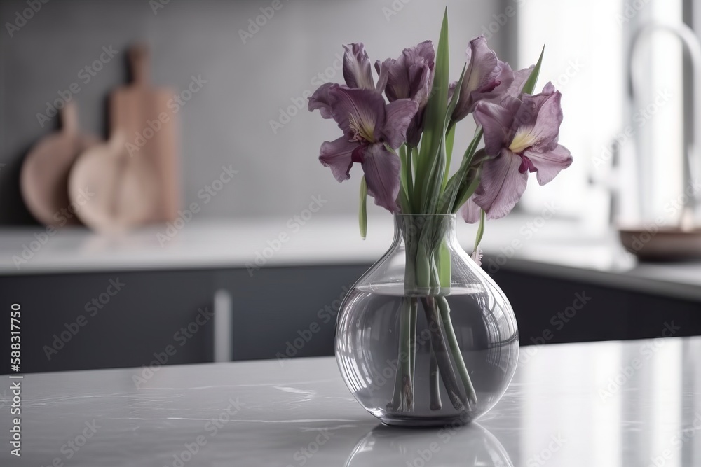  a vase with purple flowers in it on a counter top next to a sink and a cutting board on a counterto