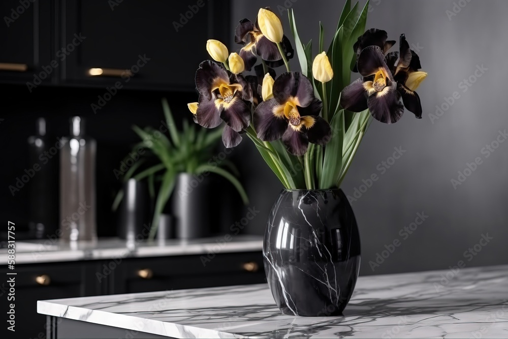  a black vase with yellow and purple flowers in it on a marble countertop in a kitchen with black ca