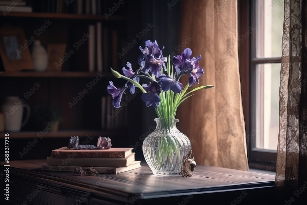  a vase with purple flowers sitting on a table next to a book and a window with a bookcase in the ba