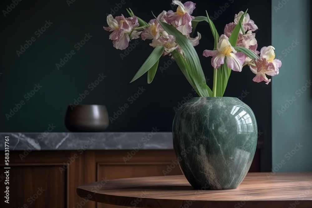  a green vase with pink and yellow flowers in it on a table in front of a wall with a window and a v