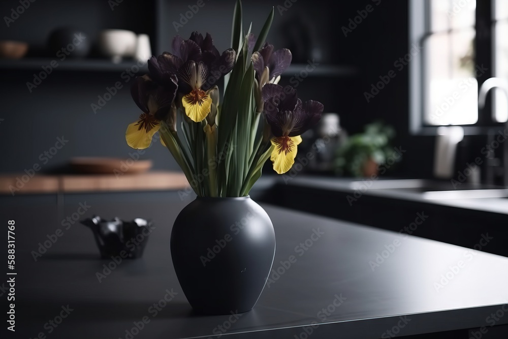  a black vase with yellow and purple flowers in it on a table next to a sink and a countertop with a