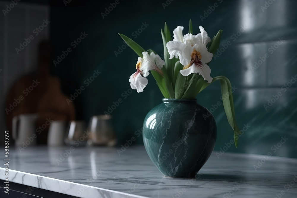  a green vase filled with white flowers on top of a counter top next to a white counter top with a g