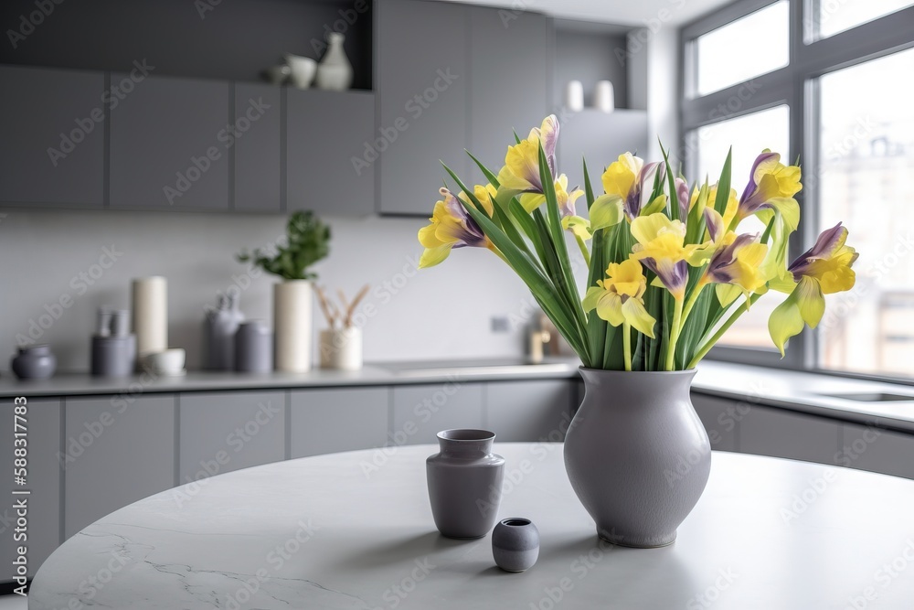  a vase of yellow flowers on a table in a kitchen with a large window behind it and a vase of flower