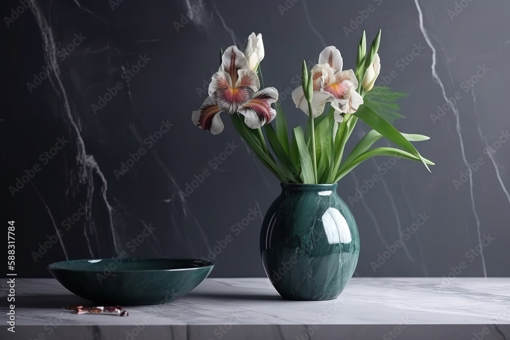  a green vase with flowers in it sitting on a table next to a bowl on a marble surface with a marble